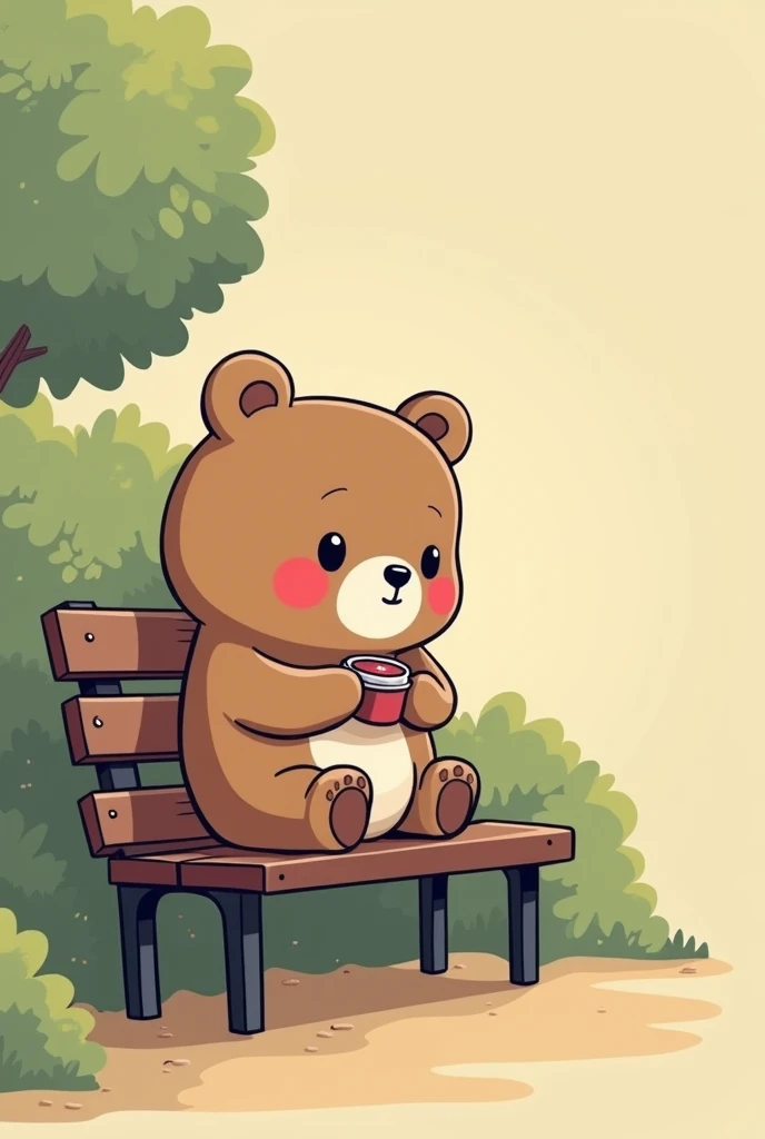 The picture shows a bench from the side in a comic style on which a chibi bear drawn in a milk mocha bear art style is sitting