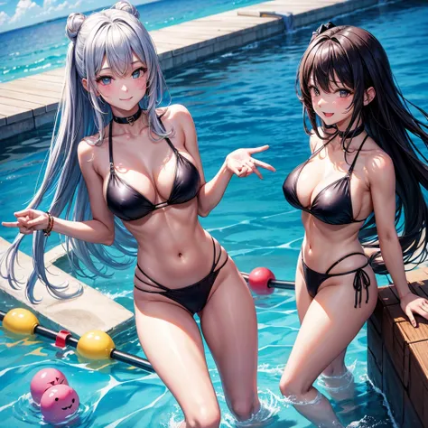 Ryukyu, Sexy pose, Breasts, Pool, 32k art, anime art, smiling, Standing, excited, Feminine focus, Looking at the viewer, Point out love and peace in one hand, black bikini, bulge