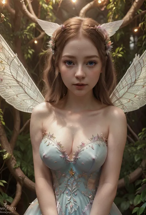 a beautiful fairy girl, delicate facial features, long eyelashes, porcelain skin, detailed intricate wings, whimsical expression, colorful fantasy forest background, magical glowing lights, warm soft lighting, vibrant colors, ethereal atmospheric, highly d...