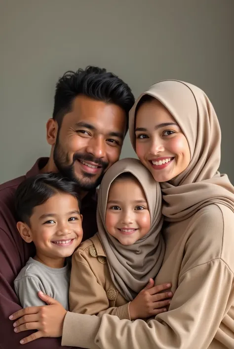 family photo, there are 4 people in the photo, consisting of a father, a Muslim mother wearing a hijab, a 10 year old girl wearing a hijab, and a 6 year old boy.