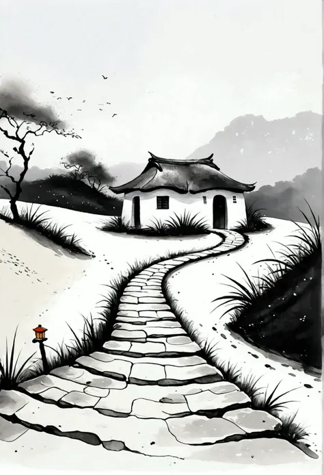 Sky占比2/3.Chinese Ink Painting Sketch：Peaceful and Freehand，artistic conception:2.Dot，A thatched cottage on a winding path，Minimalism，White background。(((Negative Space:2,Large area of blank:2, Bottom left corner composition)))。niji6 style