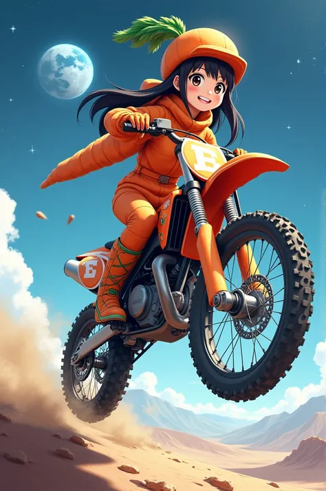 
An anime girl dressed as a carrot, doing motocross on the moon