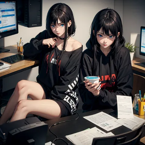 A woman, with a black hoodie, sitting near a desk, with the computer, messy room, dark