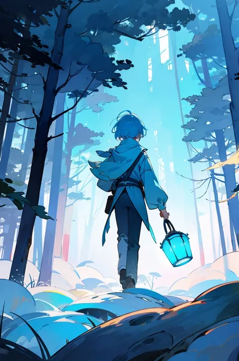 Walking hand in hand through the white misty forest、A girl with short light blue hair holding a lantern and a boy with short light blue hair