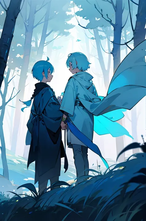 Walking hand in hand through the white misty forest、A girl with short light blue hair holding a lantern and a boy with short light blue hair