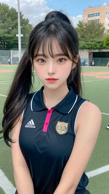 1Girl, Beautiful, Perfect Body, Perfect Breast, Very Long Hair, Pure Black Hair, bangs Hair, Ponytail, Blue Eye, Sports Uniform, Nights, Masterpiece, Front Fancing, ((Potrait:1.1))