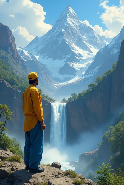 An Indian man stand in high mountain see towards deep trance and waterfall from mountain high.Man in yellow shirt blue full paint with cap in head and black show in foot.small hair