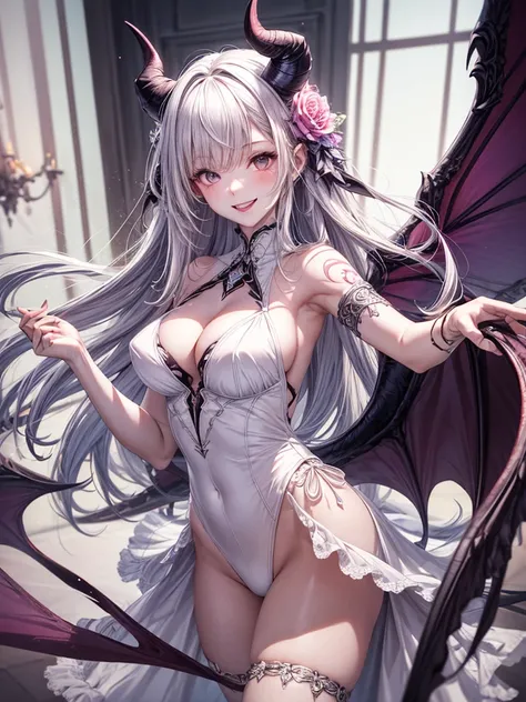 unparalleled masterpiece, Ultra HD, Depth of field,(delicate photograph,ultra_detailed,16k),(dream like,fantasy), 1 beautiful succubus girl, open legs for viewer,embossing decoration on body, flower design pink trim, wearing white lace leotard and (tutu:1....