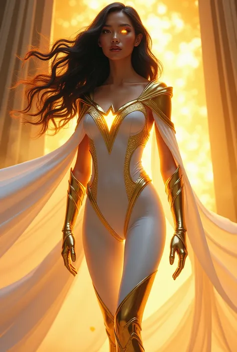 A 24 year old woman, He has jet black hair with golden highlights that shine as he takes power, Golden eyes that reflect the sun&#39;s energy, golden gloves and boots and a long white cape, White bodycon suit with gold and silver details