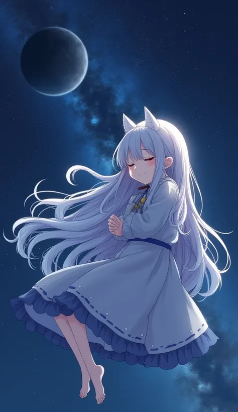 「The silver-haired Fenrir girl、Floating with outer space in the background、Please draw me sleeping curled up with my knees hugged。The girl&#39;s clothes and appearance remain the same.、Create a calm and tranquil anime style illustration.。Stars in the backg...