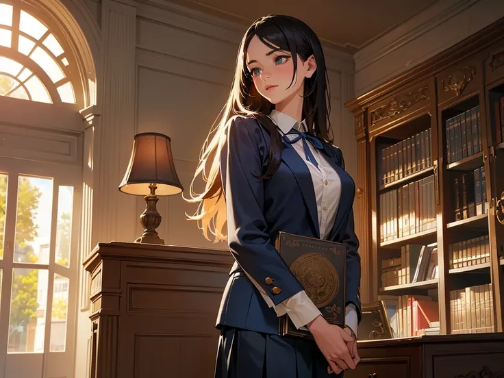 a beautiful girl in an academic outfit, long dark hair, piercing blue eyes, delicate facial features, wearing a white blouse, navy blue blazer and skirt, holding books, standing in a library setting with bookshelves in the background, golden afternoon sunl...