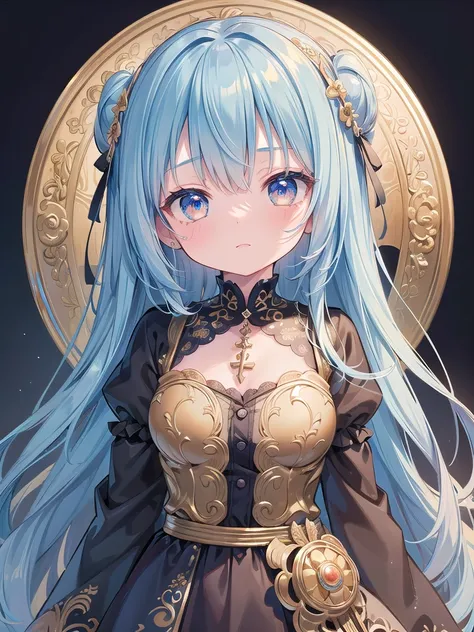 (masterpiece, Best quality, Very detailed CG, Intricate details: 1.2), 8k wallpaper, masterpiece, Best quality, Super Detail,Textured Skin, Very cute face，Ultra HD, Anatomically correct，Blue Hair，Golden Eyes，Loli，Character Design，Half-length figure，Simple ...