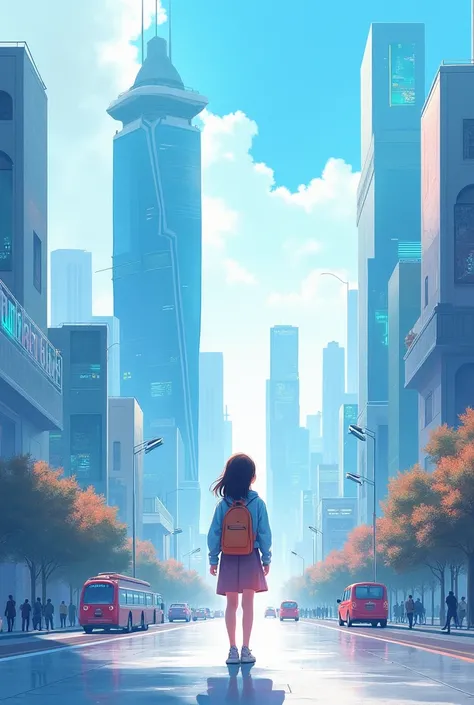 Our future life  Near future and watercolor style  Buildings should be clearly visible with a lot of light blue  The character is one 17 year old girl  Horizontal screen