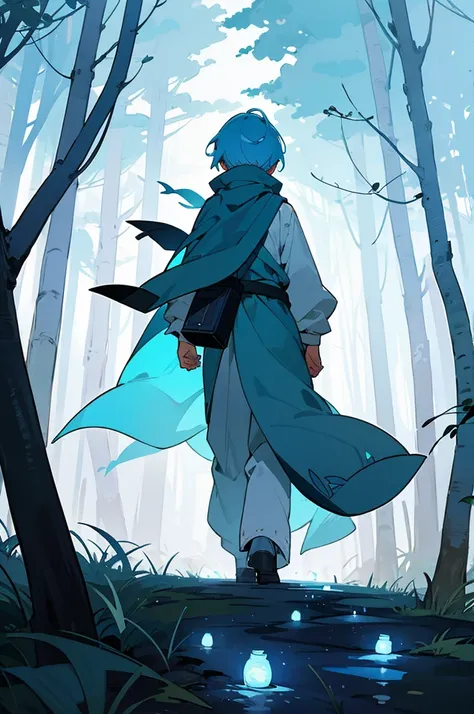 Walking through a forest shrouded in white mist、With short, sky-blue hair and holding a lantern、The back of a boy wearing a black scarf