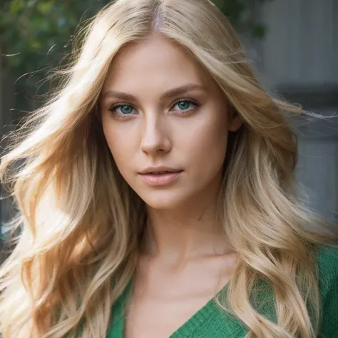 blonde woman with golden skin, green eyes, light makeup, wood, a coffee