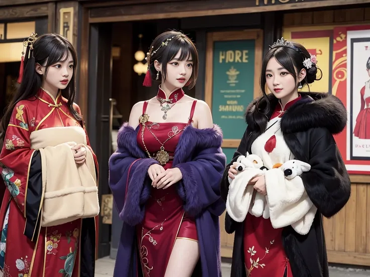 Chinese women in the 1920s、chinese dresses、watching a fur cape、(((department store)))、Fur coat。