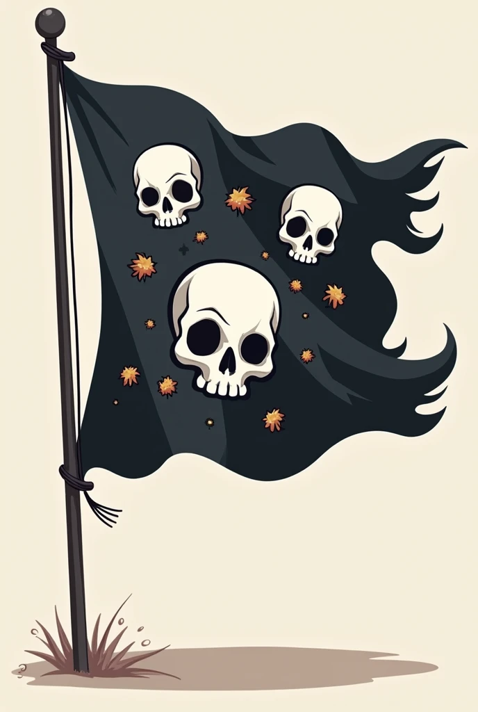 Black flag with bombs and white skulls inside, in a 2D cartoon style