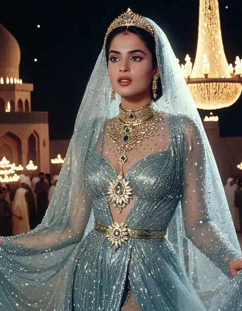 alluring celestial and sexy and charming and too much beautiful and elegant Hazrat young cinderella 1990 live - action movie first look, grainy, vhs filter, wearing glittery tulle cape and glittery tulle cloak as ancient and enigmatic muslim prophetess wit...