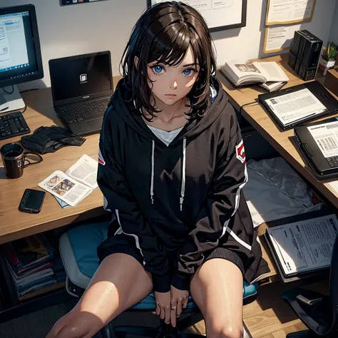 A woman, with brown hair, with brown eyes, with a black hoodie, sitting near a desk, concentrated look, with a computer, messy room, dark room