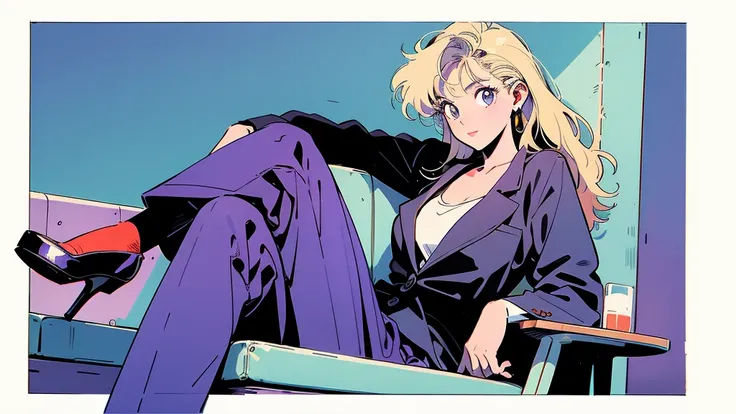 (Highest quality:0.8)、(Highest quality:0.8)、Very detailed、Analog illustration、Koto Tsumi (style)、masterpiece、Highest quality、Full body portrait of a woman、1990、Comic Strip、Art Illustration、blonde、sexy、Purple Suit、Sitting cross-legged、front