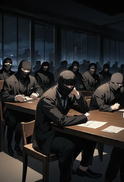 sitting at the table, many terrorists, black balaclava, black tuxedo, night, dark room