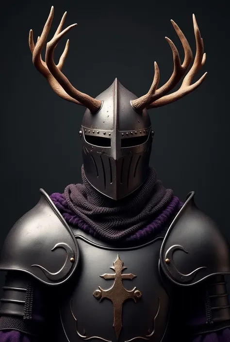 Templar knight helmet with deer antlers on black, dark purple chests, looking straight ahead