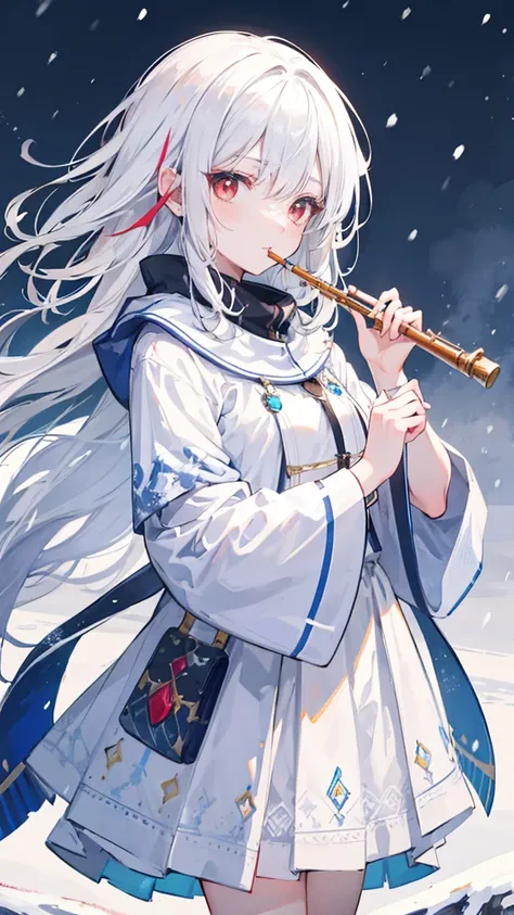 8K,masterpiece,perfect face, bright coloured,detailed,best quality,girl,white hair,long hair,red eyes,beautiful eyes,wearing a white dress,holding a flute,standing on top of a snow mountain,in a snowstorm while playing the flute