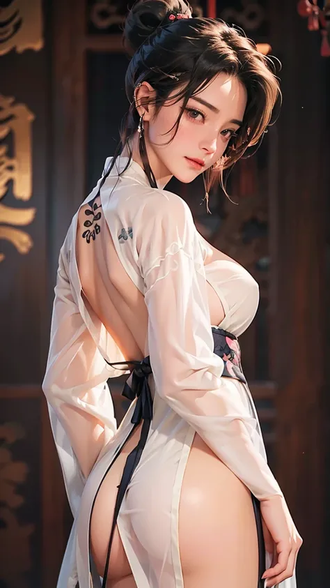 a male, male face but female body, big butt, big breast , male hair style, full lips , short black male style hair, wear a sexy Chinese clothes, see through clothes, show off his big butt, front view, simple background, A stunning visual masterpiece, doubl...