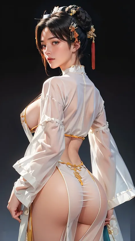 a male, male face but female body, big butt, big breast , male hair style, full lips , short black male style hair, wear a sexy Chinese clothes, see through clothes, show off his big butt, front view, simple background, A stunning visual masterpiece, doubl...