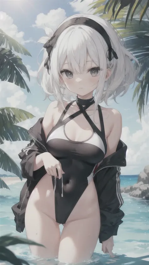 black and white hair，swimsuit