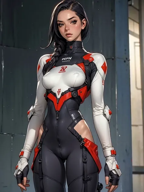 ((( nano suit ))), (((Bandaged body))), ((high collar)), (((red suit))), (((best qualityer: 1.4))), (Unbeatable masterpiece), (hiper HD),(CG 8k hyper-realistic), (((brave face))), (((breasts big))), (((hyper feminine))), sexly girl,（black bob hair)), ((( s...