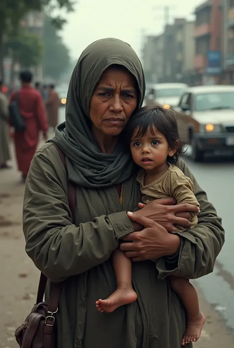 A mother and her child are begging on the side of the road