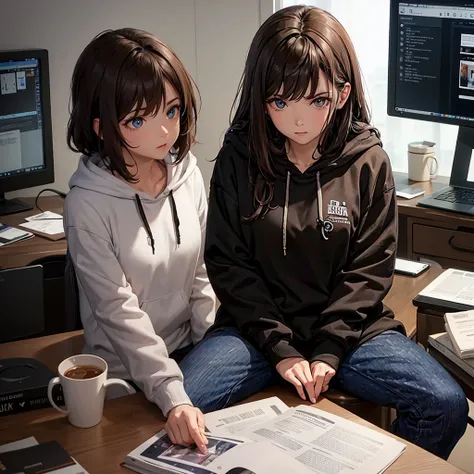 A woman, with brown hair, with brown eyes, with a black hoodie, sitting near a desk, concentrated look, with a computer, messy room, dark room