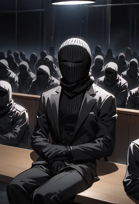 sitting at one table, many terrorists, black balaclava, black tuxedo, night, dark room