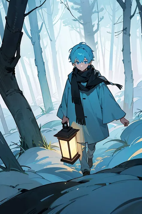 Walking through a forest shrouded in white mist、With short, light blue hair、holding a lantern in one hand、A boy wearing a black scarf