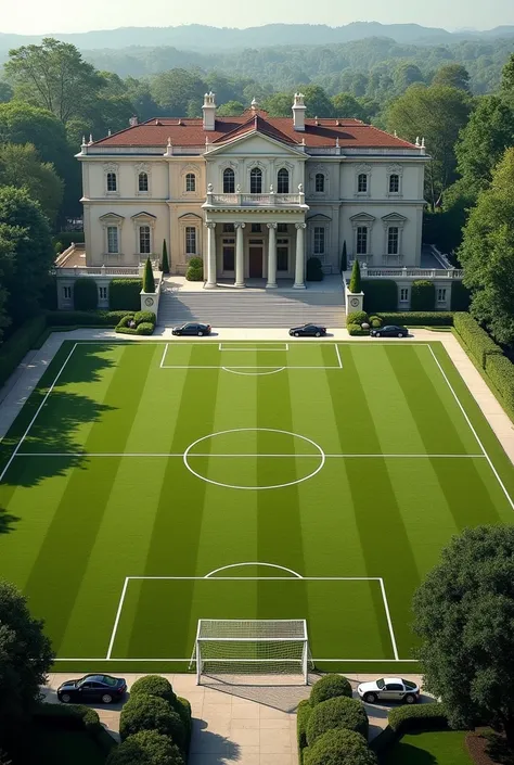 A big and beautiful house with a large soccer field in the back of it,with many beautiful cars