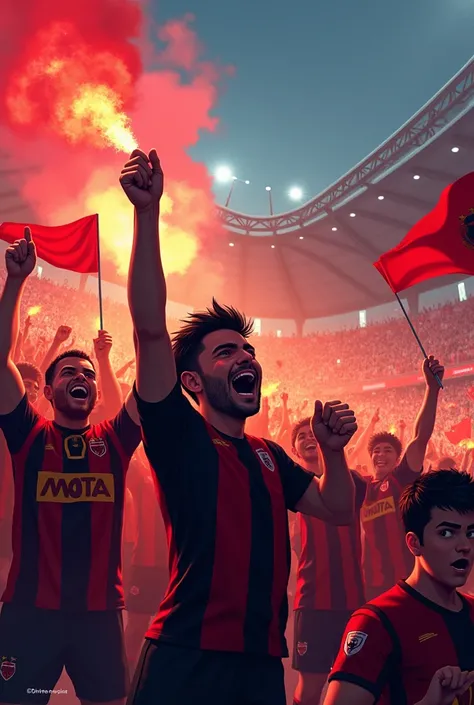 Fans of a soccer game, of a team called Mota whose colors are red and black. With canvas flags flares