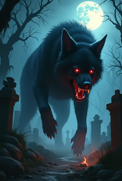 A black evil dog in a graveyard at night howling