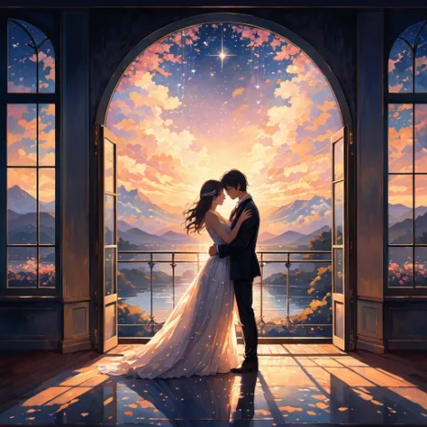 A serene and romantic scene depicting a moment of love and tranquility. The setting is a softly lit room with curtains allowing a gentle, silver light to filter through. Shadows seem to dance closer in this twilight atmosphere. In the foreground, two figur...