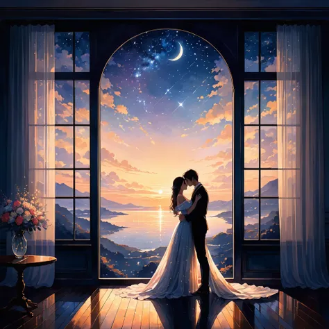 A serene and romantic scene depicting a moment of love and tranquility. The setting is a softly lit room with curtains allowing a gentle, silver light to filter through. Shadows seem to dance closer in this twilight atmosphere. In the foreground, two figur...