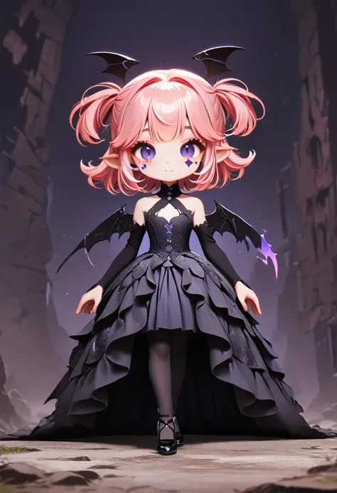 master piece, best quality, ultra-detailed, illustration, midnight, gloomy atmosphere, broken church, alter isle, broken walls, ruins, purple flames, 1girl, solo, chibi, (big head), cute pose, front view, looking at viewer, ((full body Close up)), chubby, ...