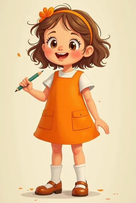 an image of a little girl, front view, full body in an orange dress with different movements with hand , inspired by Mario Comensoli, a screenshot, behance, in school or classroom, children illustration, kids book illustration, childrenbook illustration, i...