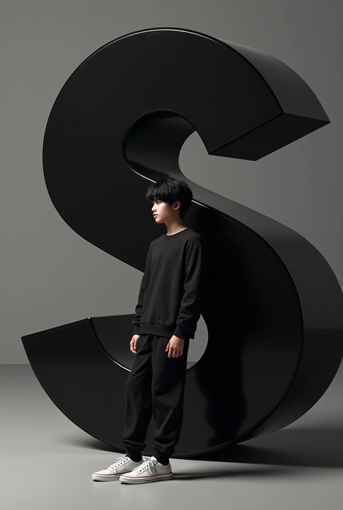 : A 17 year old boy with dark hair, dressed in a casual outfit including a black sweatshirt, jogger pants, and sneakers. The person is leaning against a large purple glossy letter S, which is Black with white accents. The overall color scheme is minimalist...