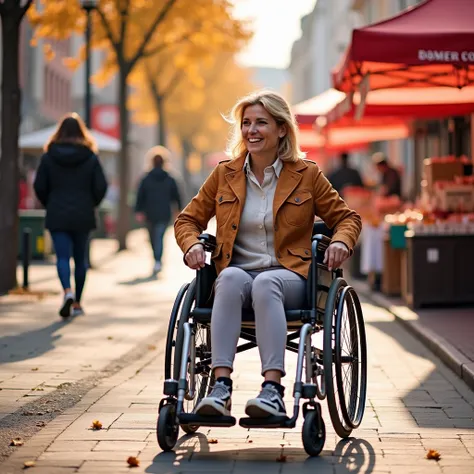 a woman in a wheelchair on the sidewalk of a street market heading towards the access ramp to the pedestrian crossing