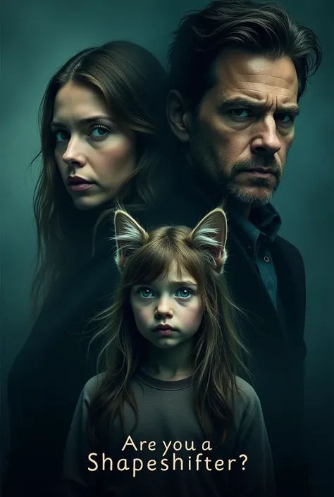 Make a movie poster，In the center of the poster is a Maine Coon cat，There was a little girl next to it，On the left is a woman，On the right is a man，The bottom says "Are you a shapeshifter?? Small letters on the bottom . Make a Hollywood Themed Poster for J...