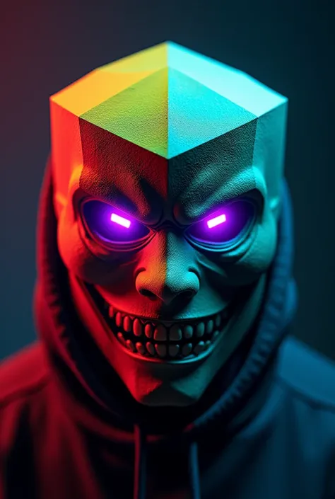 Cube-shaped mask, front part is divided into four colors; red, green, blue and yellow. The eyes are rectangular, phosphorescent purple and with an angry expression, cyberpunk style.