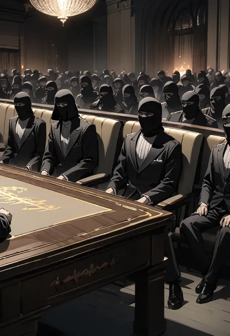 sitting at the government table, many terrorists, black balaclava, black tuxedo, night, dark room