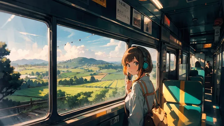 Wide angle,Inside a long-used train in Japan, ((decadent countryside)), 1 girl, headphones ,((nostalgic scenery ))from the train window. Memories come back to life, evening time, green-blue-orange,(Hanging strap)