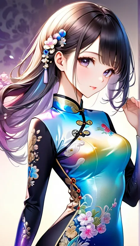 best quality, incredibly absurdres, extremely detailed, 2.5D, delicate and dynamic, beautiful woman, intelligent cool beauty, captivating look, tight up hair, wearing iridescent gradient sleeved cheongsam features intricate and luxurious embroidery, shiny ...