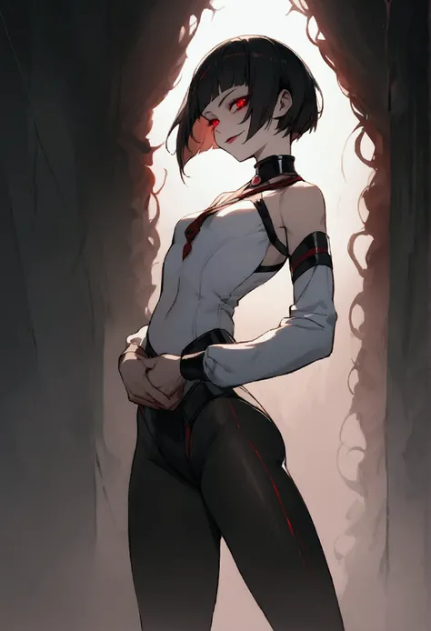 standing,alone,short hair,work of art,face detailed,young fitness linda,Wearing black pantyhose,white sweater ,neckleace,evil smile,red eyes glowing,labiaa,eye shadow,bangs on the eyes,HANDS BACK
